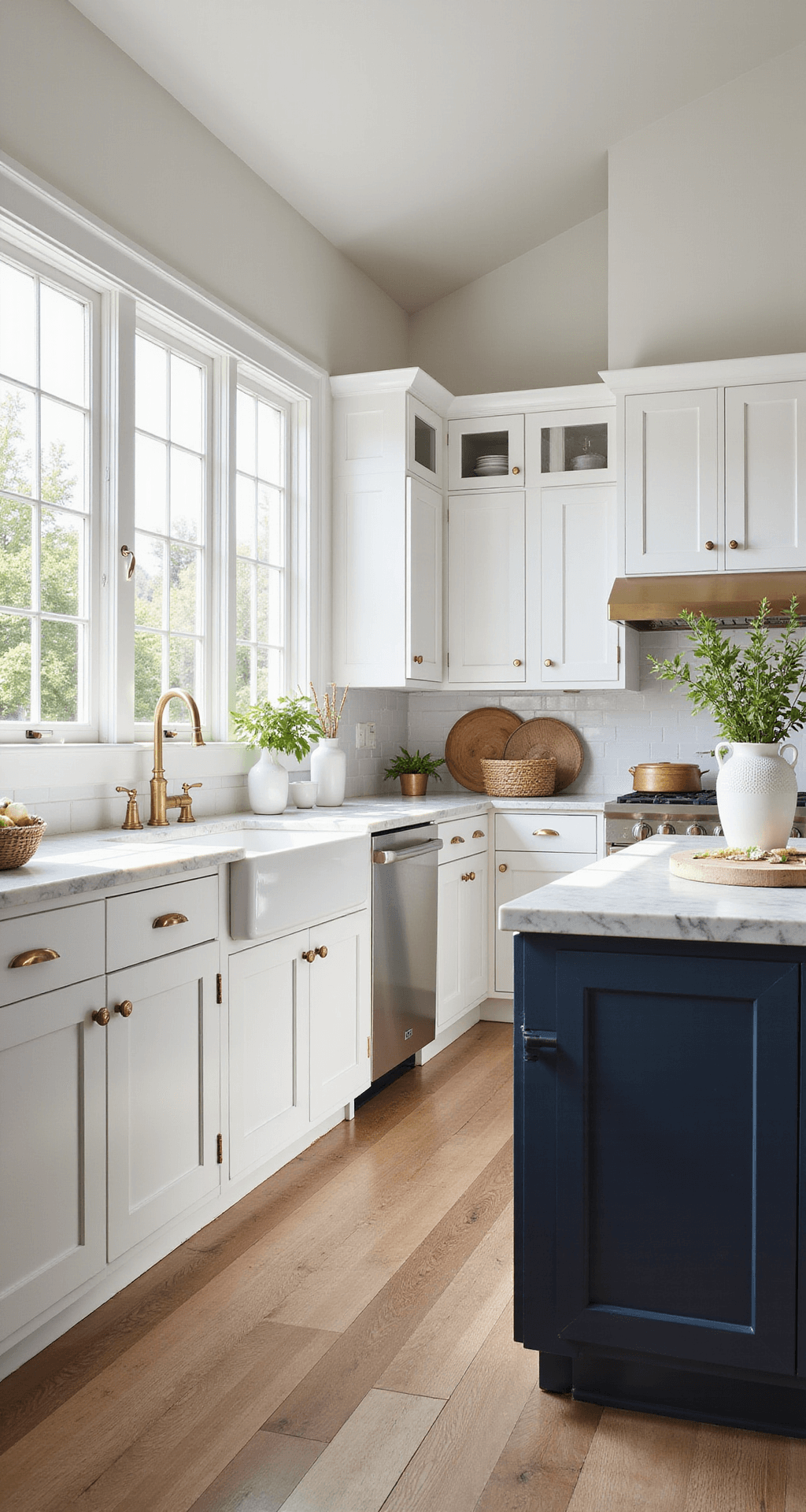 A bright and airy kitchen featuring white Shaker cabinets, a navy blue island with a marble waterfall countertop, and brass accents, illuminated by morning sunlight through large windows, styled with white vases and herbs, set on wide plank white oak flooring.