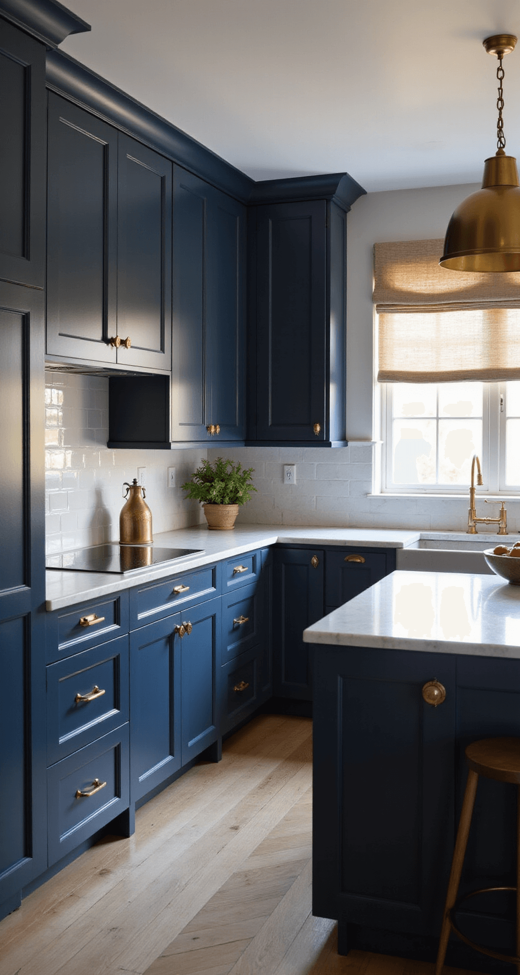 An elegant L-shaped kitchen featuring floor-to-ceiling navy blue matte cabinets, brushed gold hardware, and white quartz countertops, illuminated by golden hour light through sheer roman shades, with vintage brass pendants over a marble-topped island, showcasing a sophisticated and timeless ambiance.