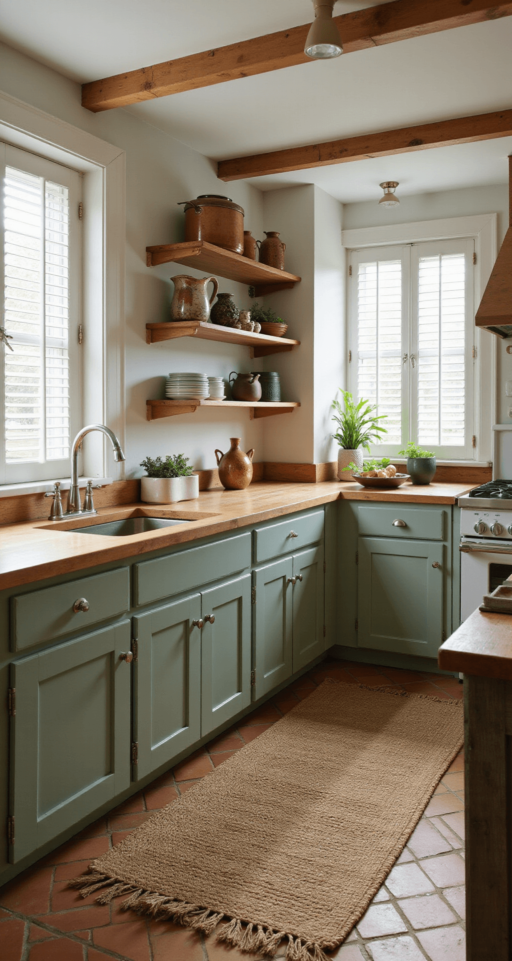 A cozy kitchen with sage green lower cabinets and warm white upper cabinets, illuminated by mid-morning light through plantation shutters, featuring a natural jute rug on terra cotta tiles, open shelving with artisanal pottery and copper cookware, and butcher block countertops, captured at a 45-degree angle.
