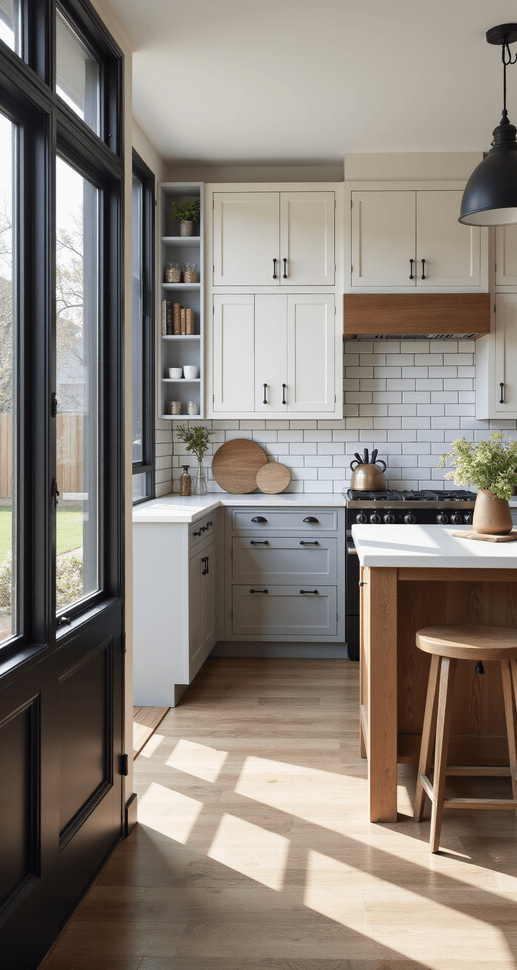 A warm and inviting modern farmhouse kitchen featuring two-tone cabinetry with taupe base cabinets and cream uppers. Afternoon light floods in through black-framed windows, highlighting matte black hardware and a white oak island with seating. A subway tile backsplash with dark grout adds depth, captured from the entrance with a wide-angle lens for added dimension.