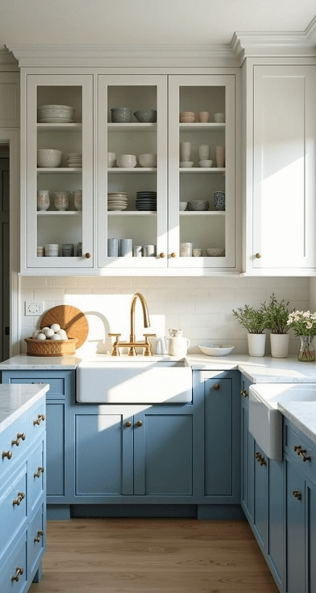 A minimalist kitchen featuring powder blue lower cabinets and white upper cabinets, illuminated by morning light. Honed marble countertops reflect long shadows, while slim brass pulls accentuate the design. Glass-front display cabinets showcase ceramics, creating a serene ambiance.