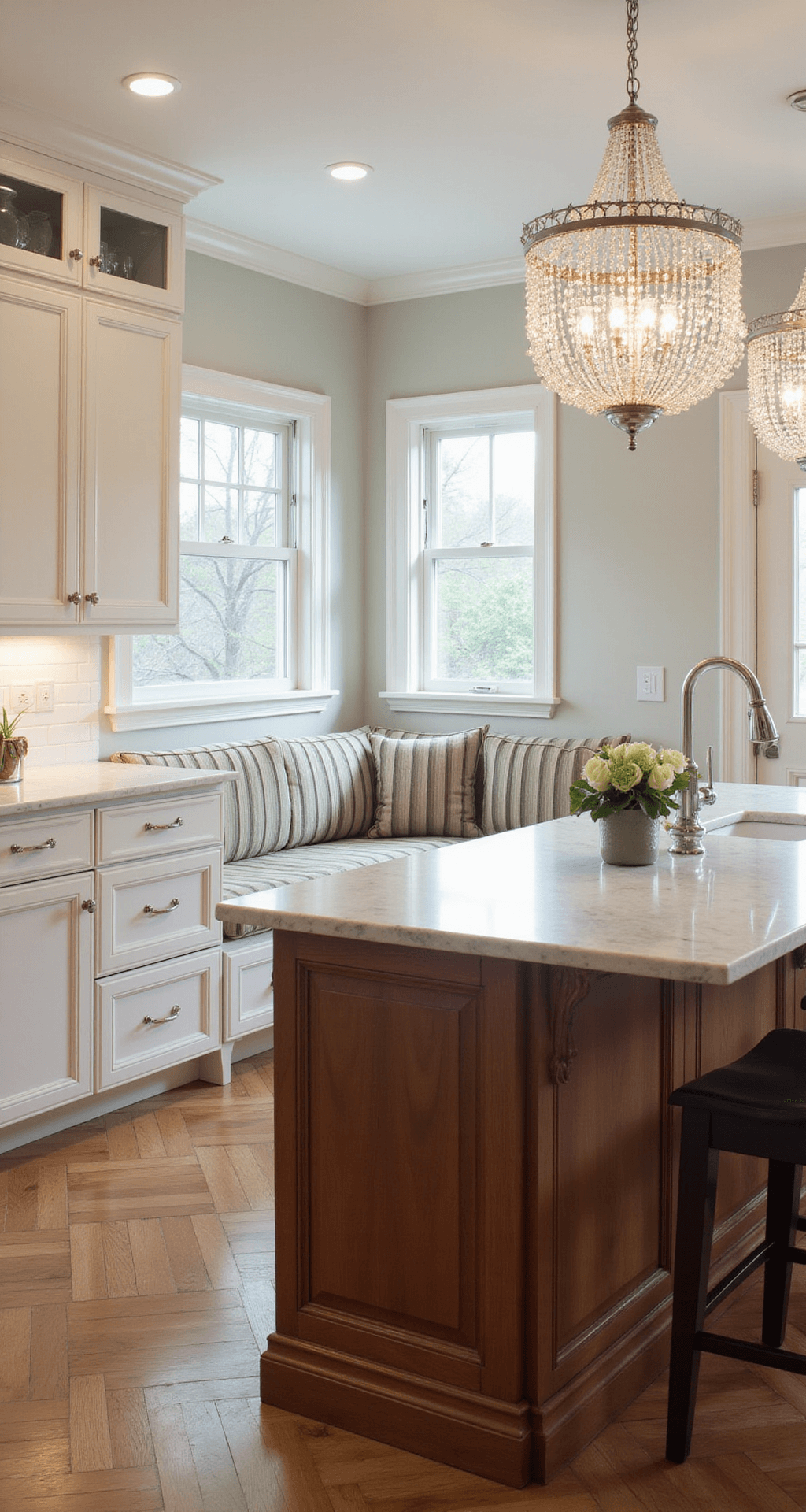 Aerial view of a classic 15x18ft kitchen featuring white perimeter cabinets, a rich wood island, and herringbone wood floors, highlighted by crystal chandeliers and polished nickel hardware. White marble countertops with grey veining complement a corner banquette with striped upholstery.