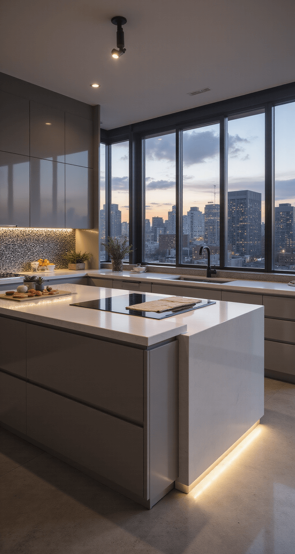 Contemporary kitchen featuring high-gloss greige cabinets, a waterfall quartz island with an invisible cooktop, and a metallic mosaic backsplash, illuminated by LED lights and evening city views through floor-to-ceiling windows.