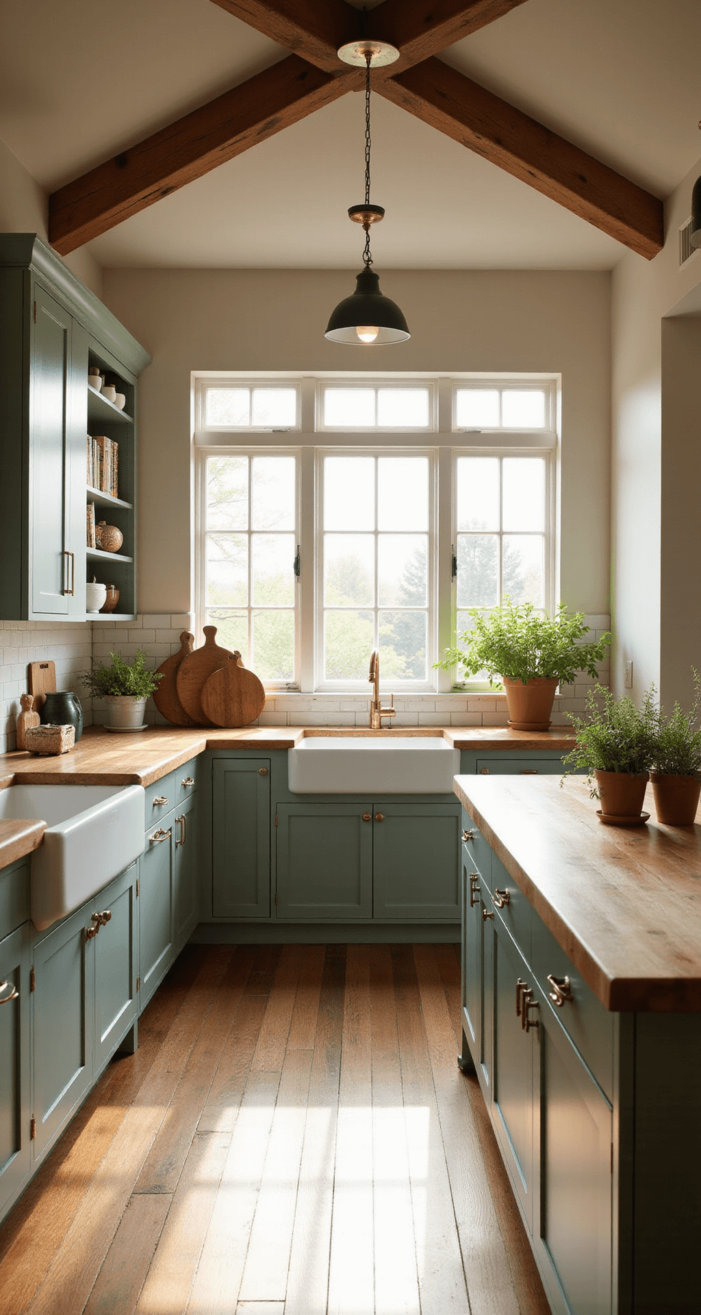 A warm and inviting sage green kitchen featuring white quartz waterfall island, vintage brass hardware, and exposed wooden beams, illuminated by golden hour light streaming through large west-facing windows.