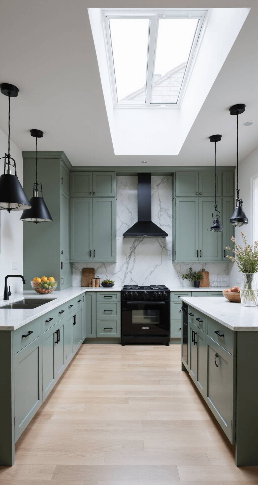 A contemporary kitchen featuring floor-to-ceiling sage cabinets, a dramatic marble backsplash, sleek black appliances, and geometric pendant lights, all illuminated by natural light from a skylight.