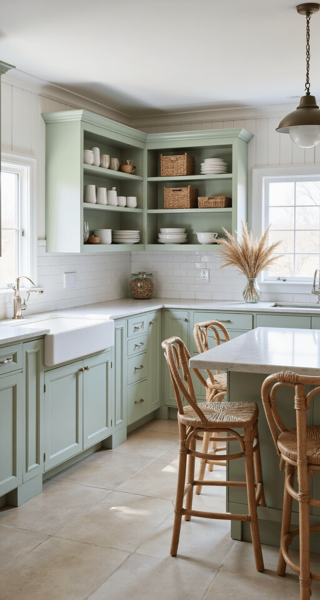 A bright coastal kitchen features soft sage cabinets, sandy beige limestone floors, and a white subway tile backsplash. The marble-topped island with rattan bar stools is adorned with beach grass in clear vases. Open shelving displays white ceramics and sea glass, illuminated by diffused morning sunlight for a breezy, relaxed elegance.