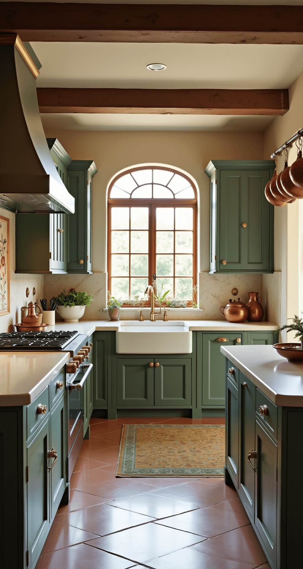 L-shaped kitchen in a Mediterranean villa featuring sage cabinets with brass hardware, terracotta tile floors, cream limestone counters, and a hand-painted tile backsplash, with copper pots hanging above, an arched window, and rustic decor, illuminated by natural light and warm Edison bulbs.