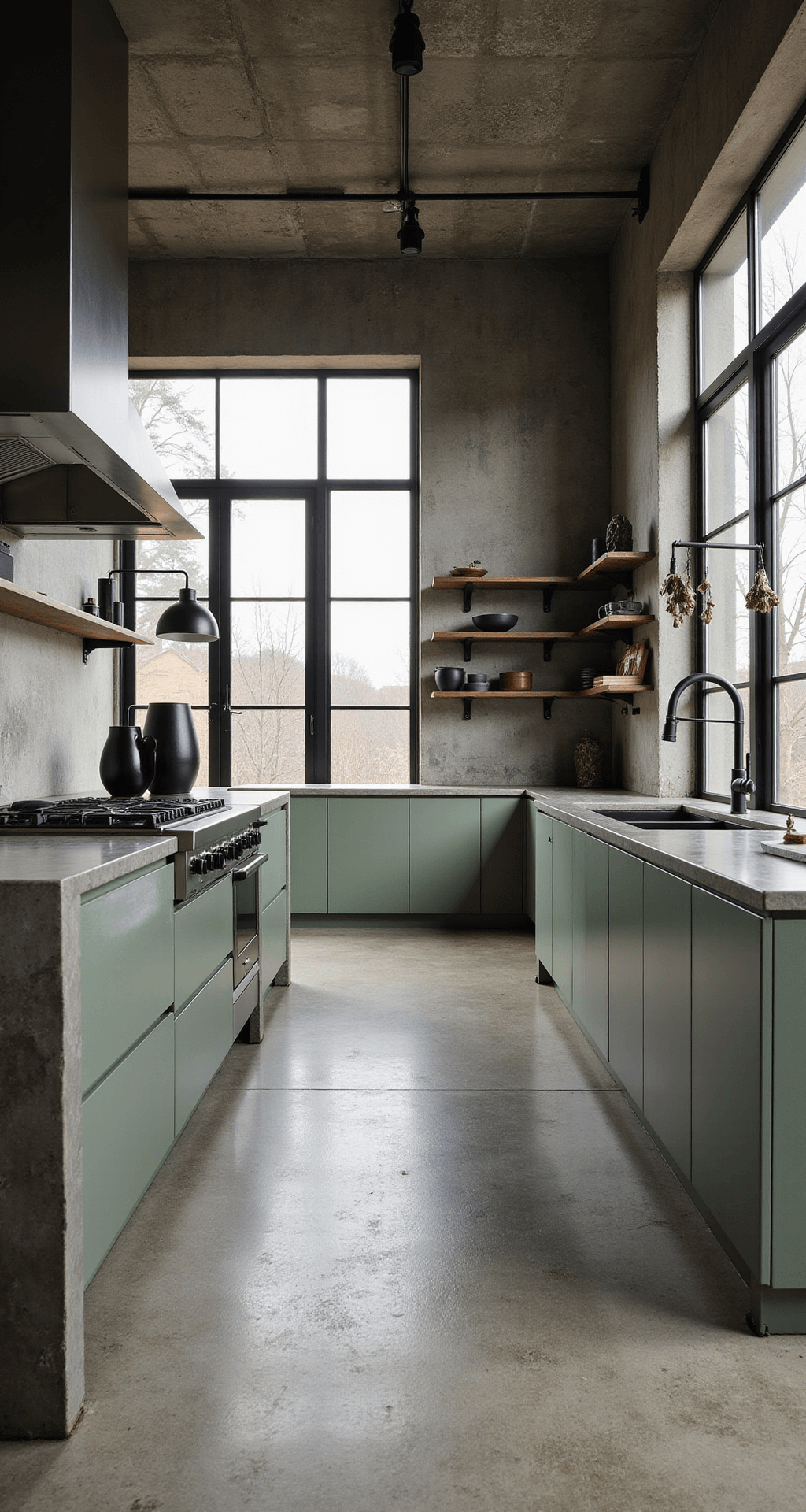 Loft-style open kitchen featuring sage green flat-panel cabinets, polished concrete floors, and blackened steel open shelving, illuminated by dramatic black track lighting, styled with geometric sculptures and black ceramics.