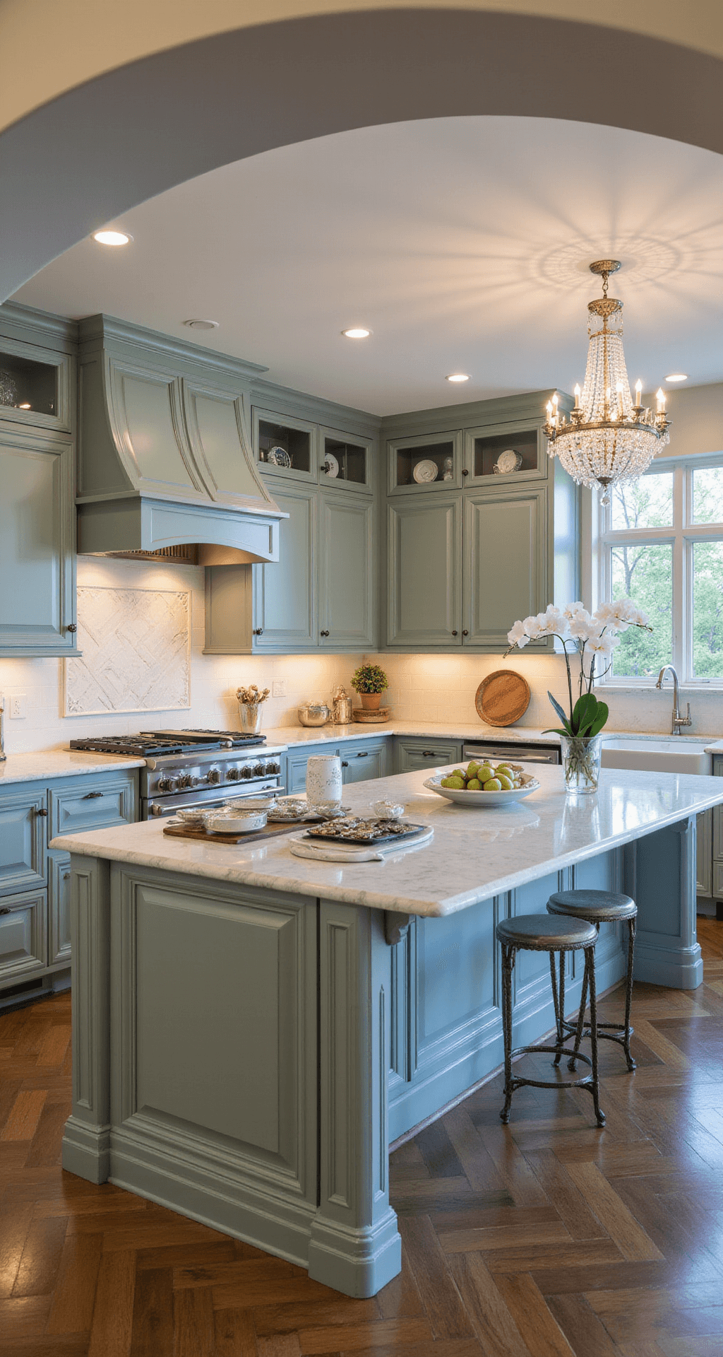 A formal kitchen featuring classic sage cabinetry with crown molding, Calacatta marble countertops, and a crystal chandelier, elegantly styled with silver serving pieces and white orchids, viewed through an archway at twilight.
