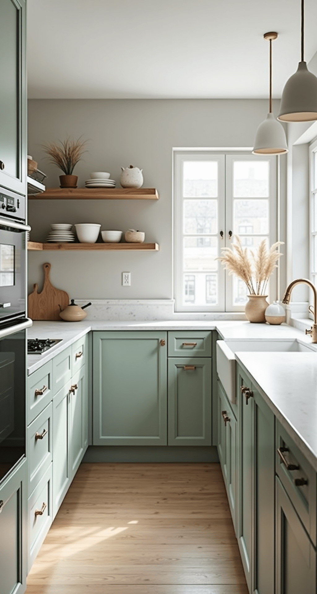 A bright Scandinavian kitchen featuring light sage cabinets, pale oak floors, and white counters. The open shelving displays white ceramics and wooden objects, styled with dried grasses and linen textiles. Modern matte white pendant lights hang above, creating a calm and purposeful atmosphere in even natural light.