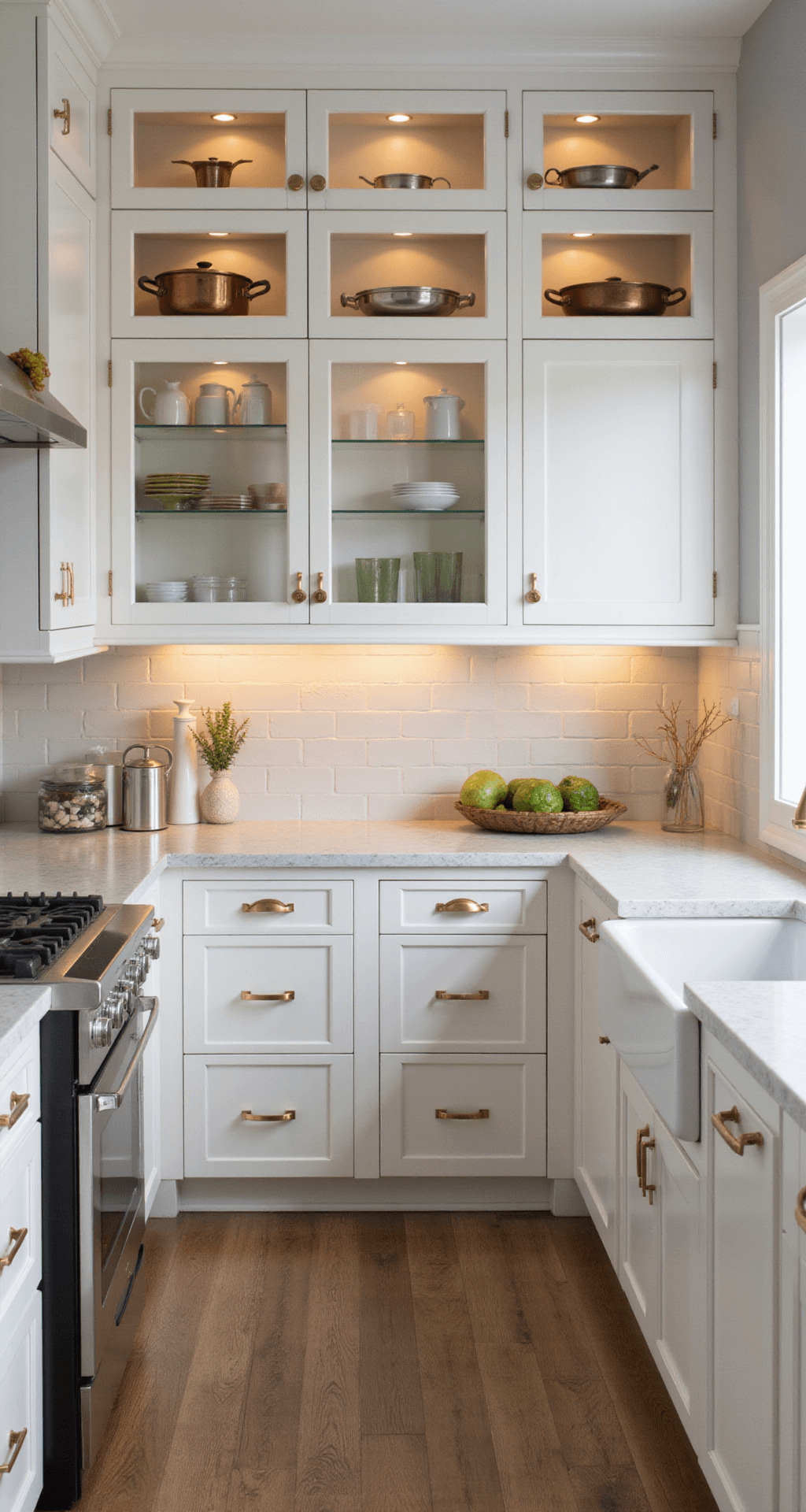 Bright, airy kitchen with custom white shaker cabinets, glass-front upper sections, quartz countertops, and brass hardware, illuminated by warm LED lighting during golden hour.