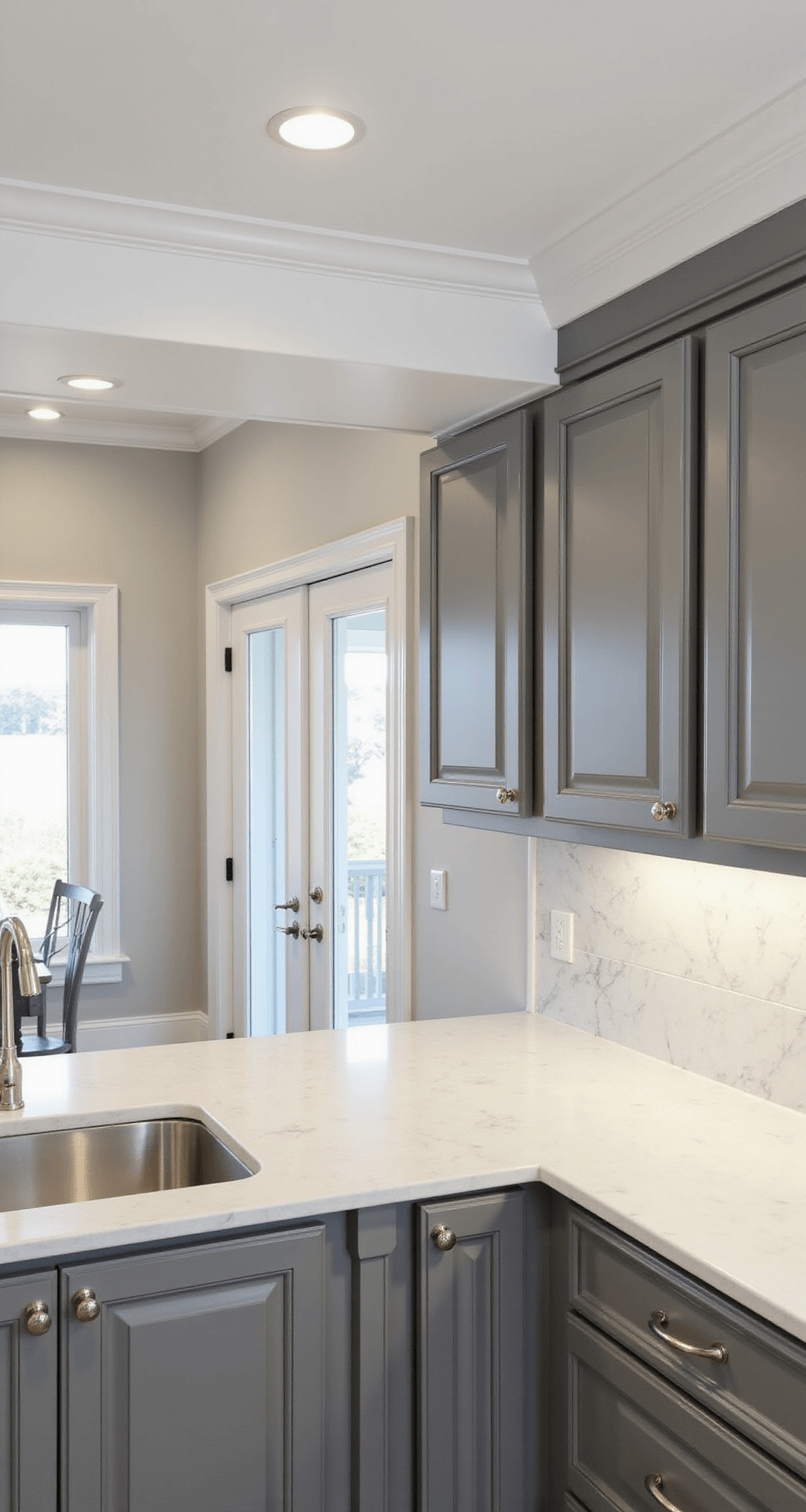 Elegant transitional kitchen featuring a dove gray cabinetry with a white soffit that includes crown molding and integrated LED strip lighting, showcasing a marble backsplash, soft diffused lighting, and French doors in the background.