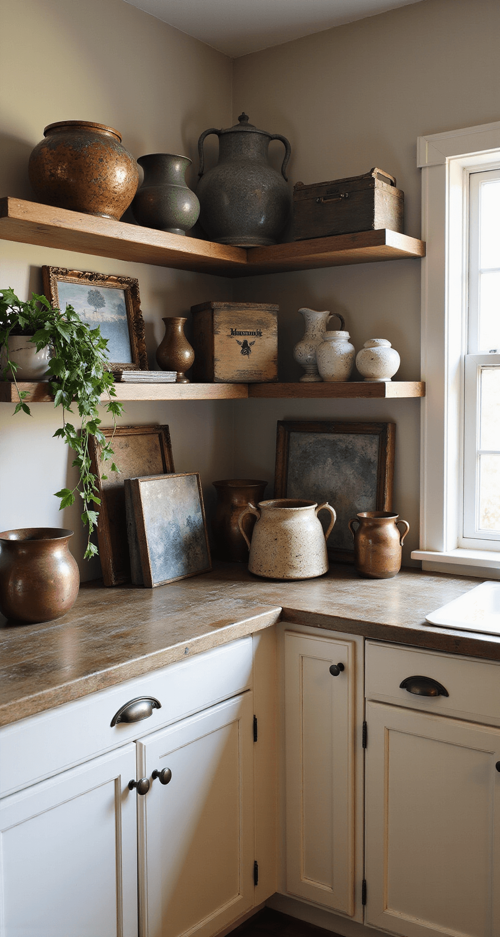 A corner view of a farmhouse kitchen at dusk, showcasing arranged vintage ceramics, architectural salvage, and copper vessels atop cream cabinets, with trailing pothos adding height. The scene is bathed in warm light, highlighting textures and patina against a 16ft wall.