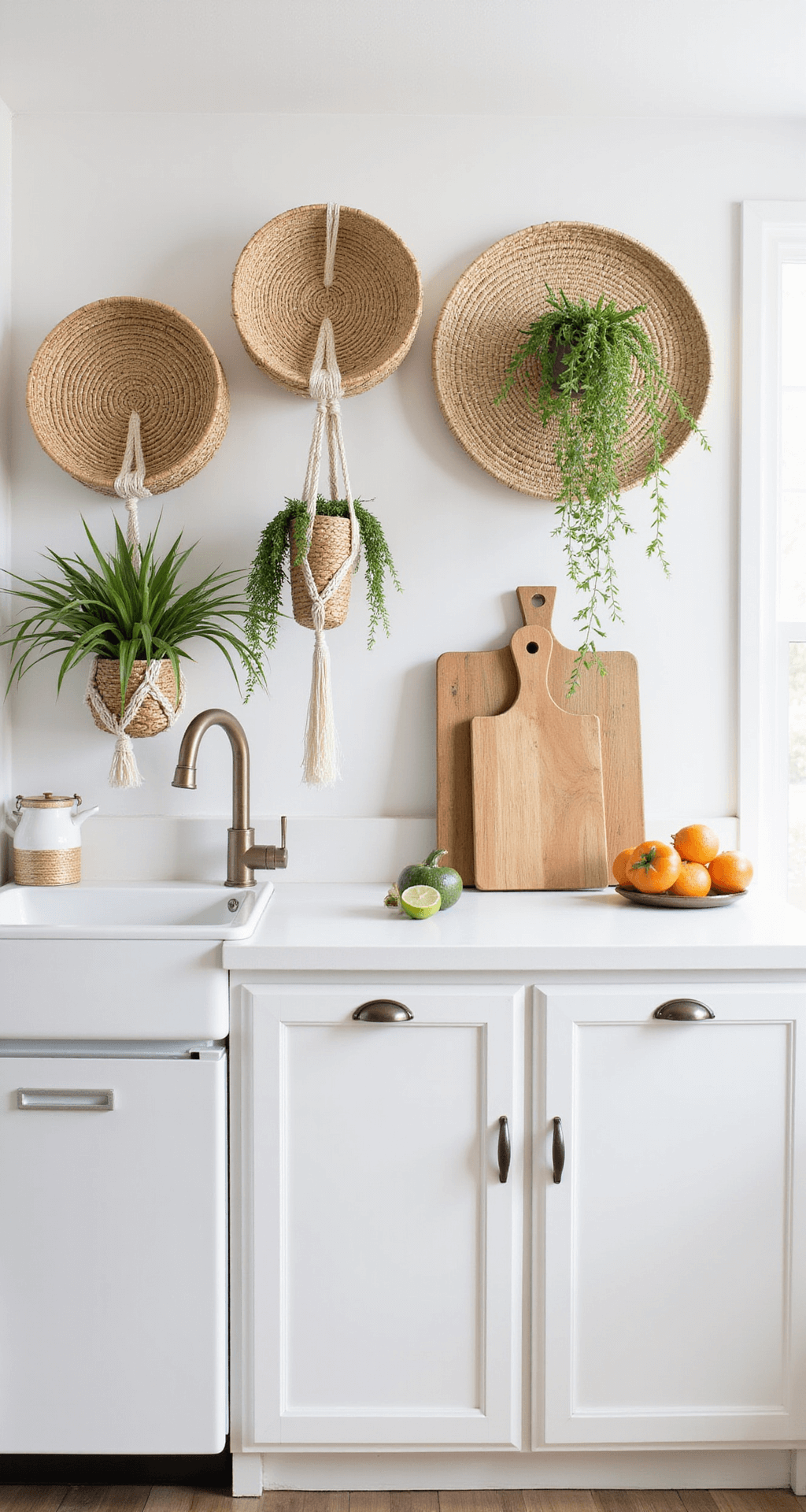 Bright midday shot of a contemporary 10x12ft kitchen with white cabinets, featuring removable woven storage baskets, macramé plant hangers, and lightweight decor supported by discreet command hooks, all set against clean white walls that highlight natural textures.