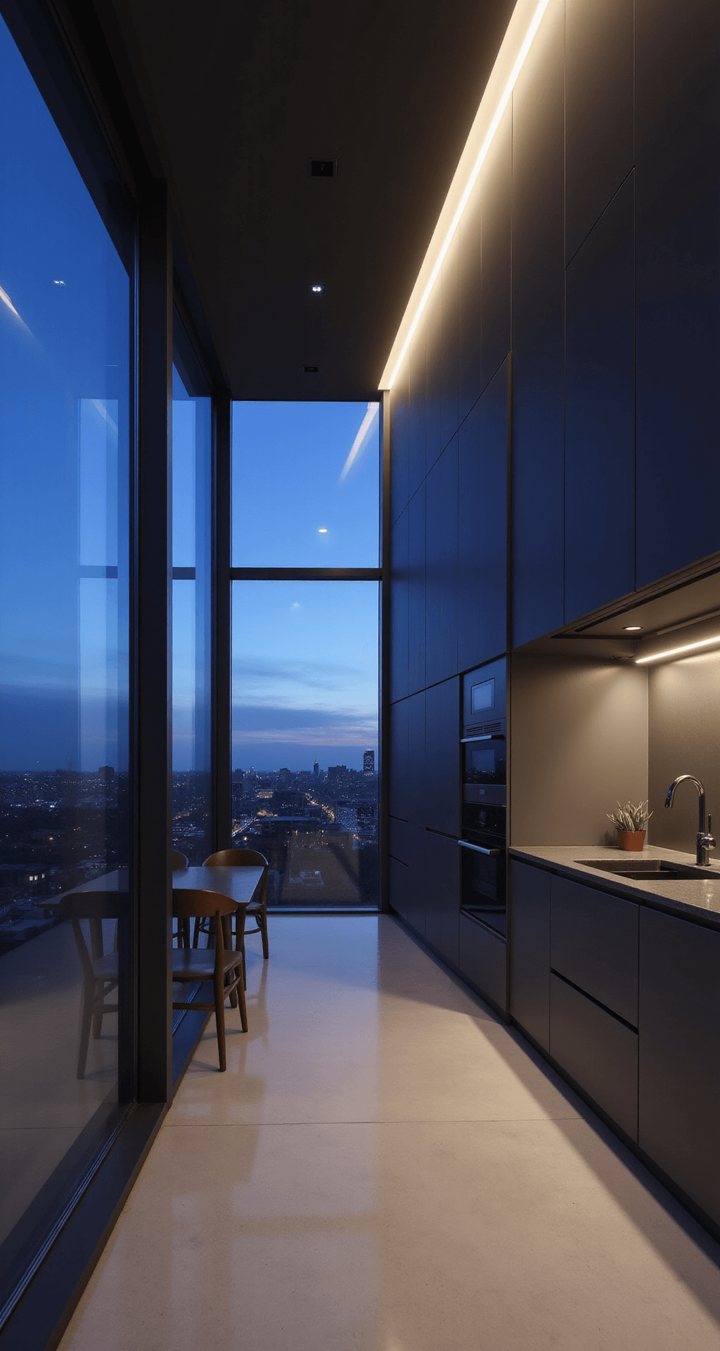 Minimalist modern kitchen with 12ft ceilings, featuring handle-less matte charcoal cabinets, dramatic up-lighting, and floor-to-ceiling windows showcasing a cityscape at twilight.