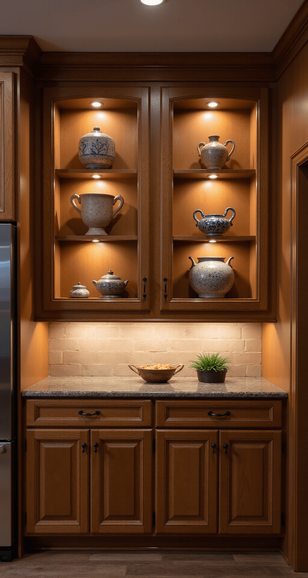 Evening kitchen interior with medium-oak cabinets and puck lighting showcasing pottery, warm LEDs casting shadows, shallow depth of field, and dim ambient lights for an intimate atmosphere.