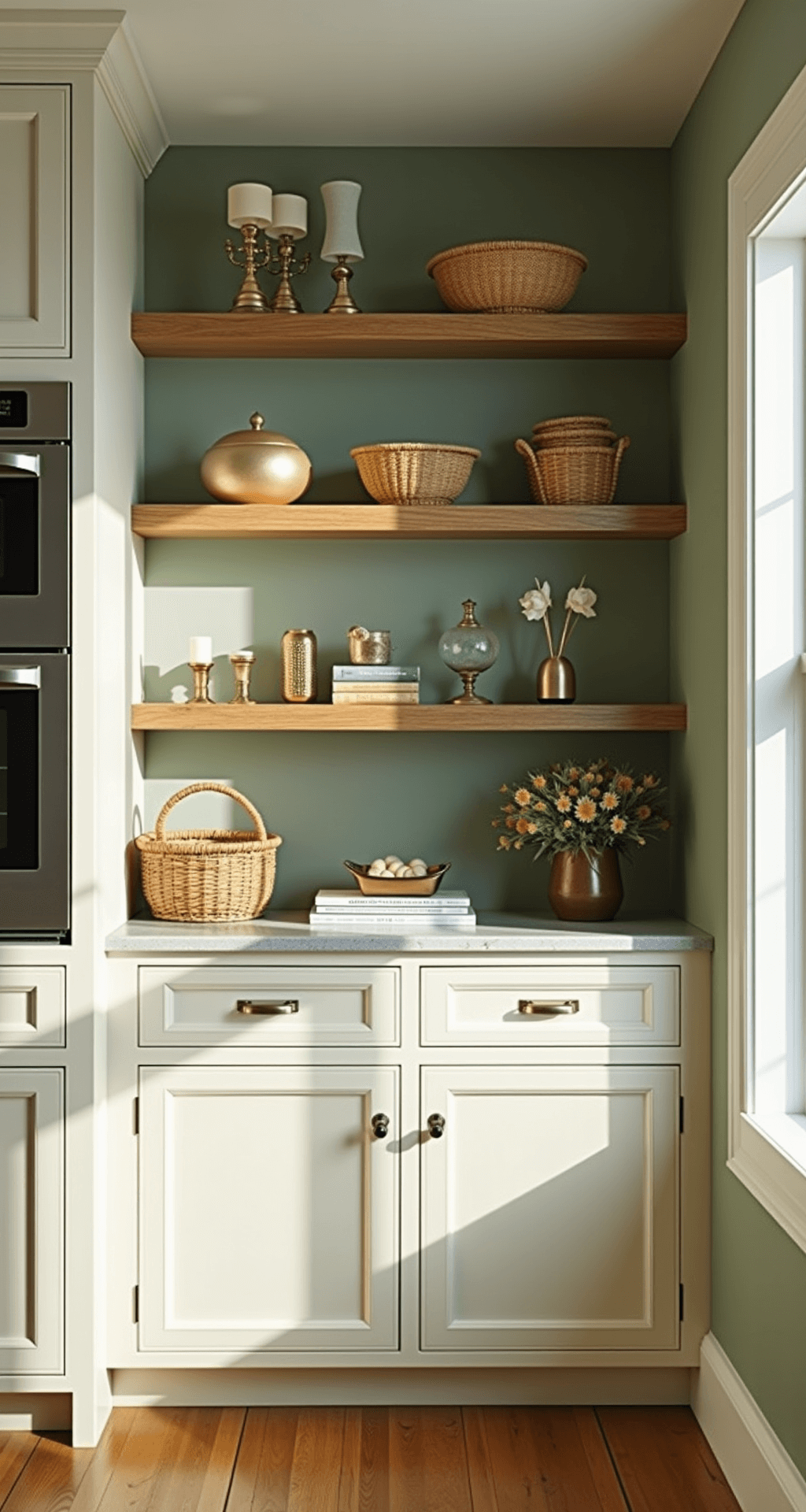 A transitional kitchen featuring cream cabinets and sage green walls, illuminated by morning light. Floating shelves display a mix of closed storage boxes, vintage books, and polished brass objects, complemented by natural rattan baskets for added texture. The shot is taken at eye level with a soft focus.