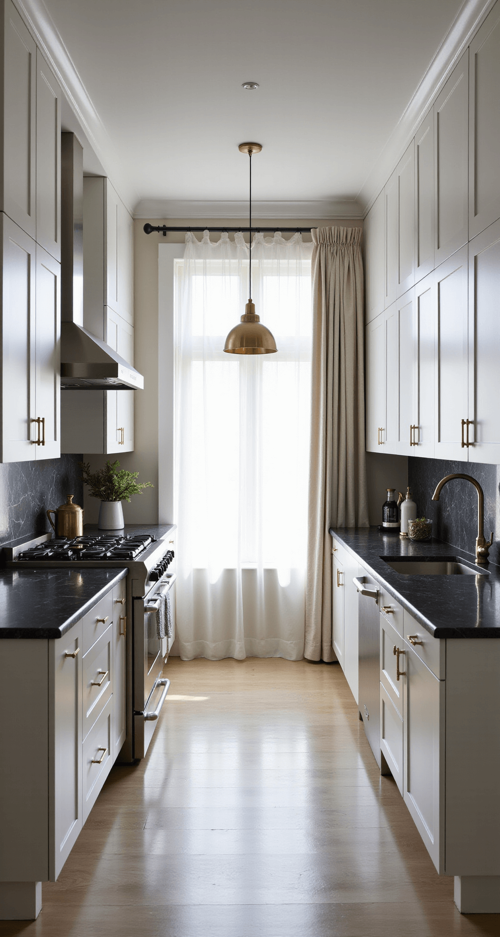 A bright galley kitchen with sheer linen curtains, handle-less white cabinets, stainless steel appliances, and black marble countertops, featuring integrated cabinet lighting, minimal brass accents, and a single pendant light, viewed from the entrance at eye level.