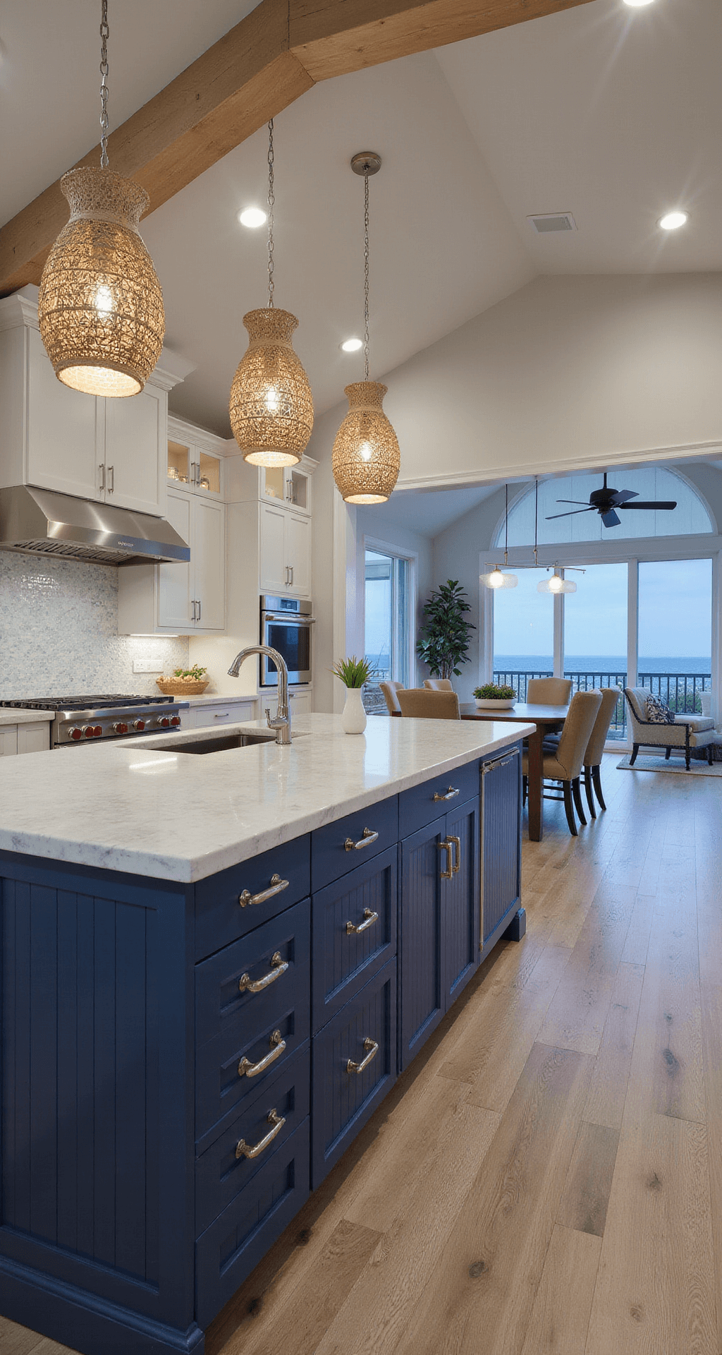 Open-concept navy kitchen featuring vaulted ceilings, white quartzite counters, and a glass mosaic backsplash, illuminated by cool twilight and warm light from rattan pendant fixtures, with a view from the living area showcasing wide plank whitewashed oak floors.