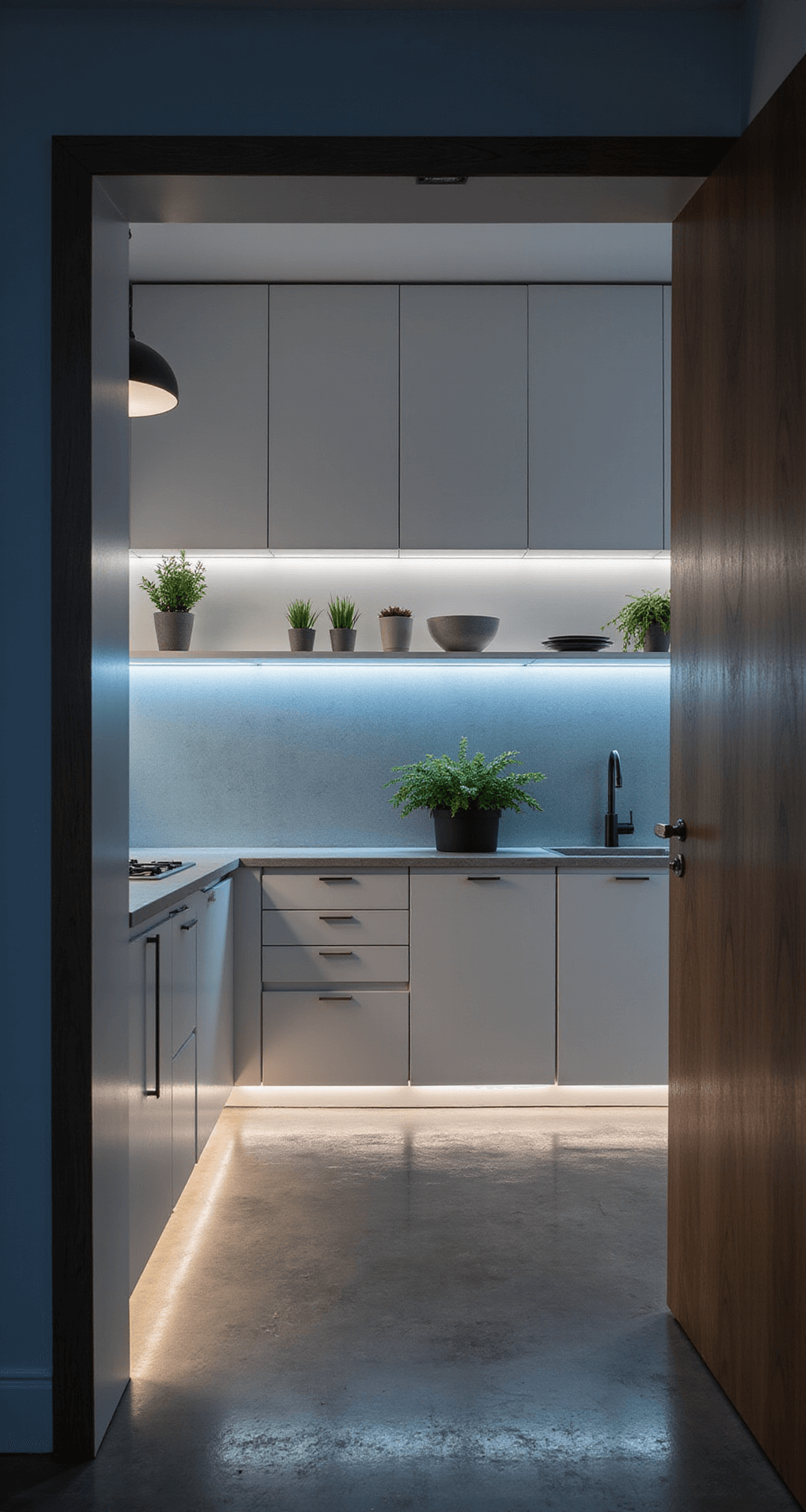 A cozy galley kitchen illuminated by under-cabinet LED lights, featuring seamless pearl white aluminum cabinets, a glass backsplash with blue undertones, and brushed nickel hardware. The concrete floor adds an industrial touch, while potted herbs on floating shelves enhance the minimalist design. The image captures a symmetrical view from the entrance, highlighting dramatic shadows and a pendant light creating a focal point.