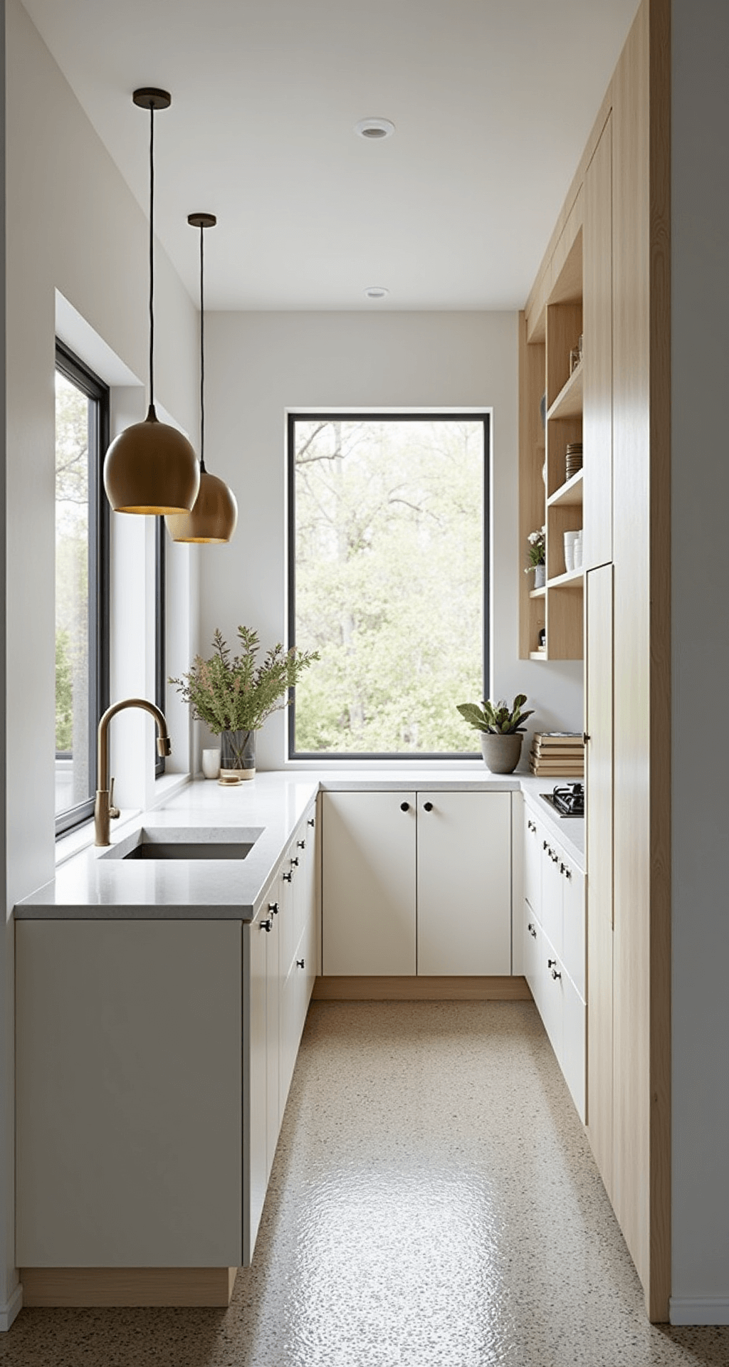A minimalist Nordic kitchen featuring floor-to-ceiling windows, sleek antique white slab cabinets, pale ash wood accents, and white stone countertops, illuminated by diffused afternoon light, with brushed brass pendant lights and terrazzo flooring, viewed from above to showcase clean lines and a serene atmosphere.