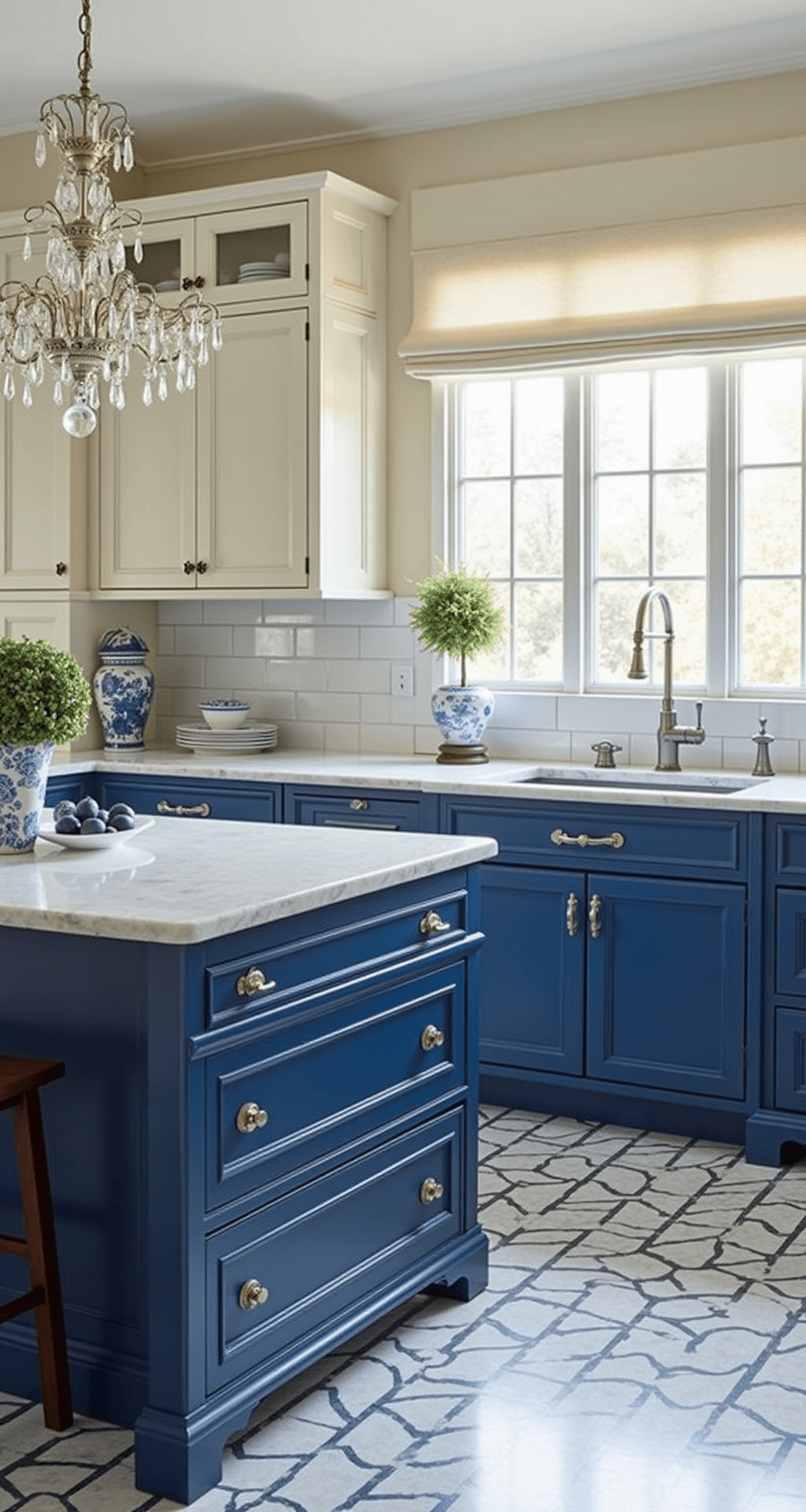 A bright, elegant traditional kitchen featuring a cobalt blue island and cream perimeter cabinets, bathed in afternoon light through Roman shades. The kitchen boasts Carrara marble countertops, polished nickel hardware, and a crystal chandelier hanging above the island. An overhead view shows a geometric floor pattern, with antique silver accents and blue-and-white chinoiserie topiaries. White subway tile with grey grout completes the classic look.