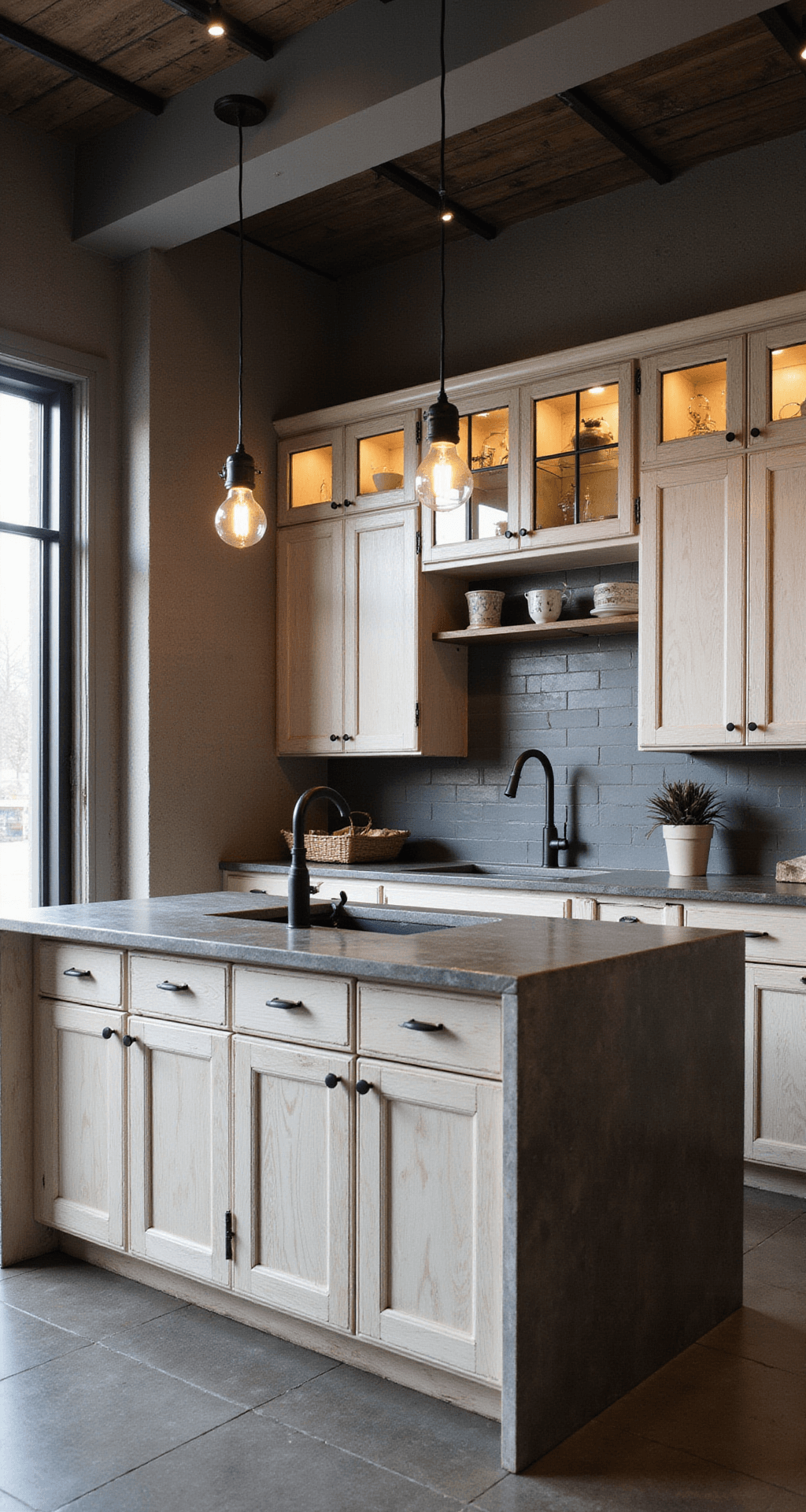 A rustic contemporary kitchen featuring distressed white oak cabinets with black steel framed glass upper cabinets, concrete countertops with an integrated drainboard, and subway tile to the ceiling with dark grout. The scene is illuminated by modern pendant lights with vintage Edison bulbs, showcasing vertical lines and material contrasts in low-angle lighting.