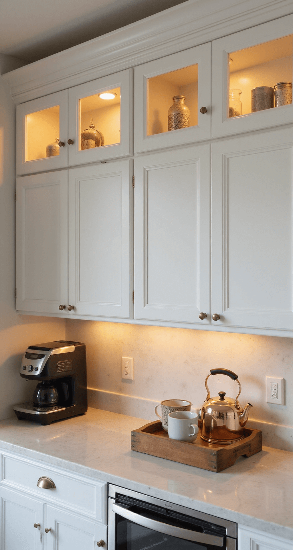 Intimate corner view of a sophisticated white kitchen during golden hour, featuring a 9ft tray ceiling, illuminated glass cabinet uppers, and a marble backsplash. A stylish coffee station with vintage copper kettle and handmade ceramic mugs on a wooden tray is highlighted by warm afternoon light, creating honey-toned reflections.