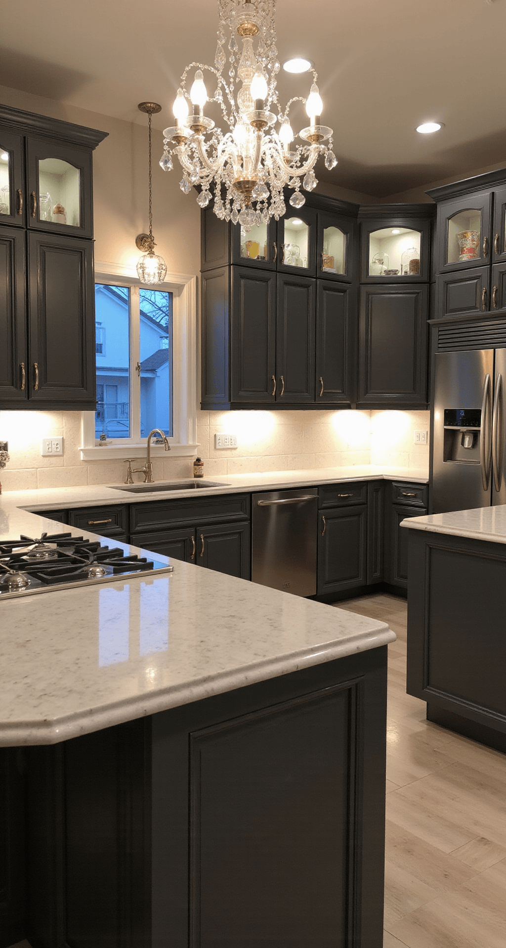 Elegant kitchen featuring charcoal gray ceiling-height cabinets, a crystal chandelier over a marble island, and polished nickel hardware, captured from a low angle to highlight its grandeur and evening lighting.