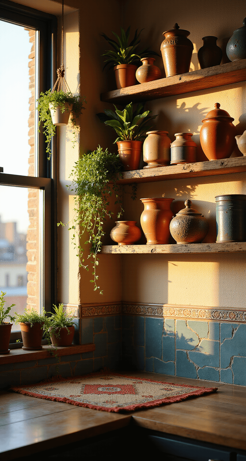 Bohemian kitchen nook featuring 8-foot textured walls bathed in warm sunset light, with reclaimed wood floating shelves adorned with earthy pottery, hanging plants, vintage tea tins, and handwoven table linens, complemented by a Moroccan tile backsplash in deep blues and terracotta, captured in a wide-angle shot from the corner showing shelf depth and long shadows.