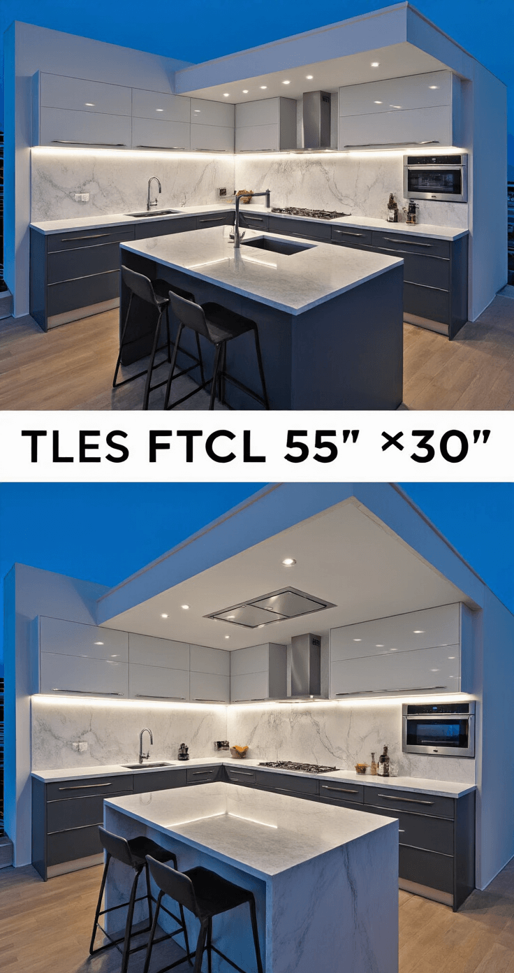 A contemporary open-concept kitchen with charcoal and pearl white two-tone aluminum cabinets, a large grey veined quartz island with waterfall edges, and ambient LED lighting, captured during blue hour in a three-quarter view.