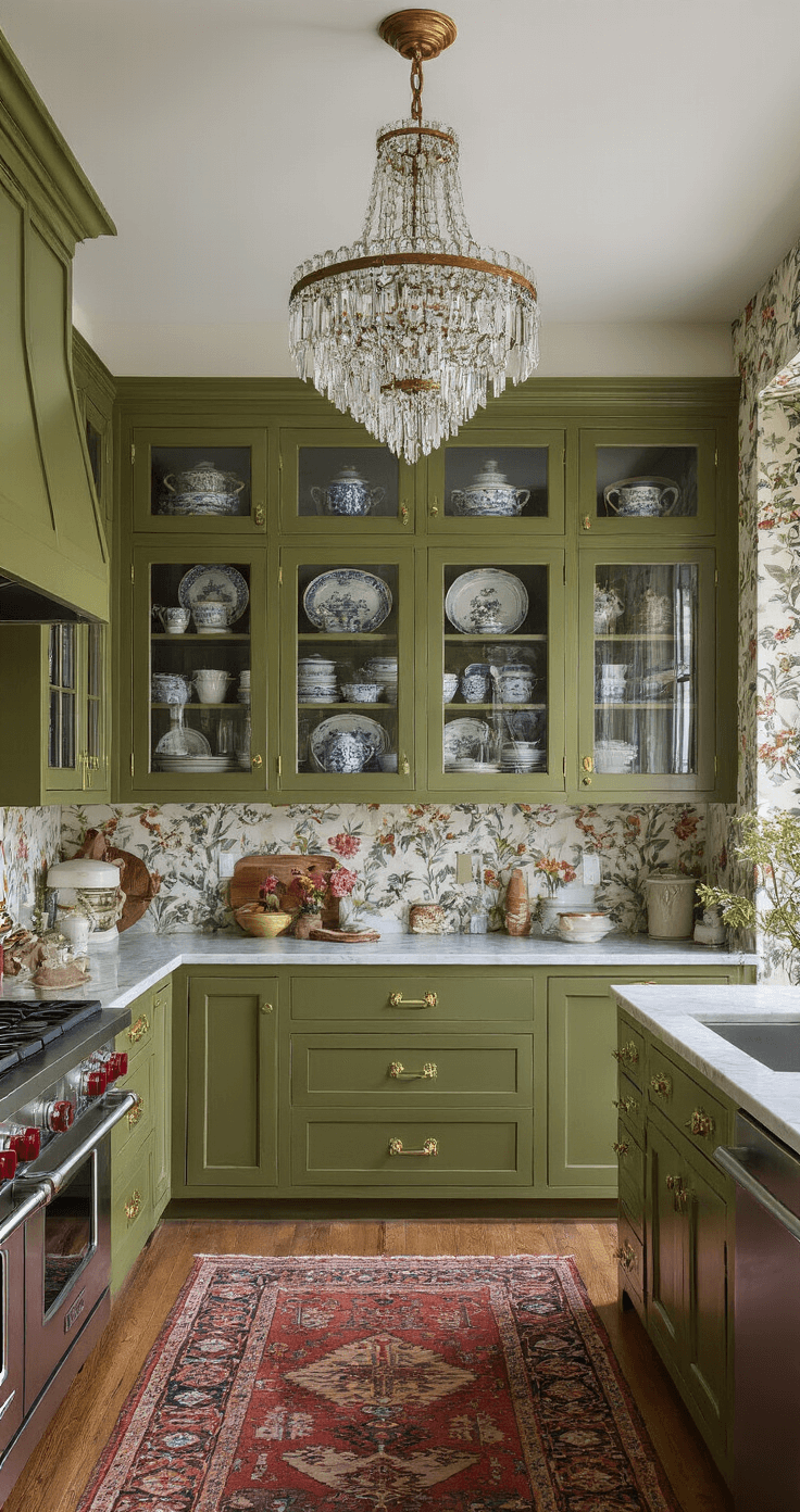 A vintage eclectic kitchen with olive green cabinets, glass-fronted china displays, and a crystal chandelier, captured during blue hour. The marble counters, floral wallpaper accent wall, and antique brass hardware enhance the layered styling with a Persian rug and retro appliances, seen from a slightly elevated angle.