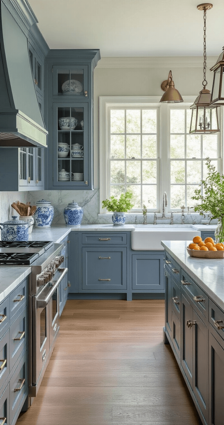 Transitional kitchen featuring medium blue-gray cabinets with glass-front uppers, marble countertops and matching backsplash, polished nickel lighting, farmhouse sink under a large window, styled with chinoiserie and citrus, and wide plank oak floors, all showcased in afternoon light for a symmetrical view.