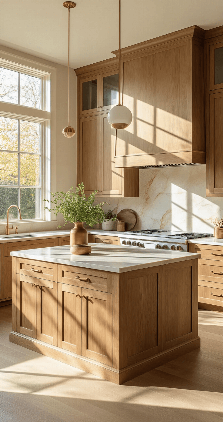 Modern sunlit kitchen with floor-to-ceiling oak cabinets, marble countertops, brass hardware, and artisanal decor.