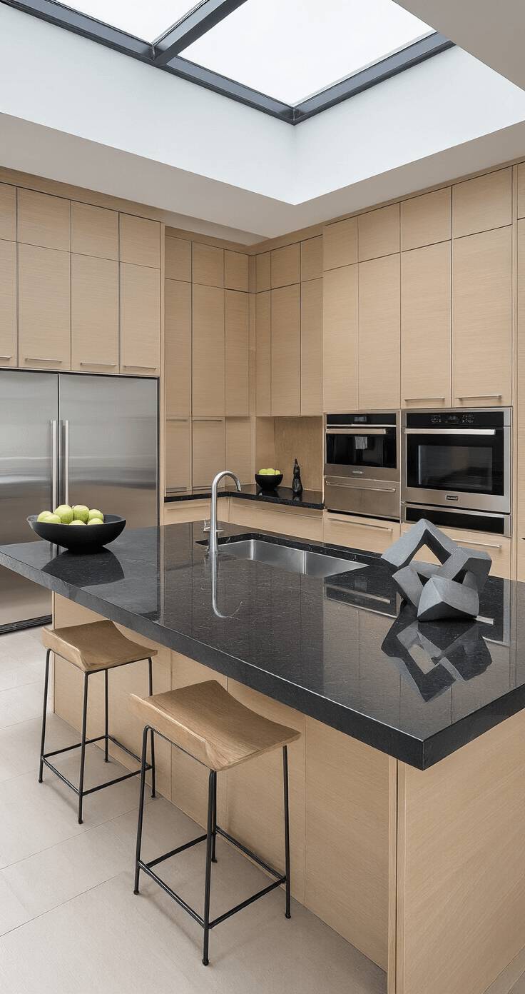 Dramatic wide-angle shot of a modern industrial kitchen showcasing glossy frameless maple cabinets, a striking 10-foot black granite waterfall island, and commercial-grade smoked stainless appliances, illuminated by afternoon skylight reflections, with minimalist decor featuring geometric sculptures and black ceramics.