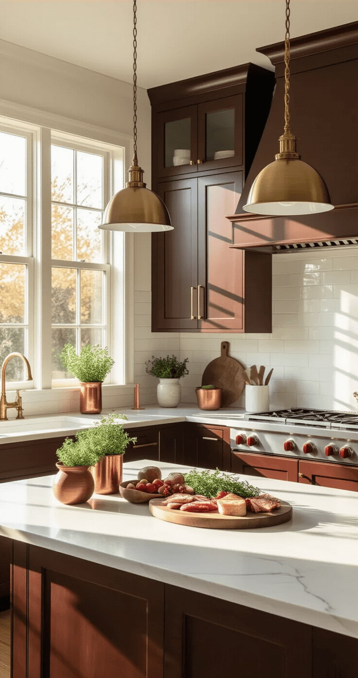 Bright kitchen with espresso cabinets and white quartz countertops, featuring floor-to-ceiling windows, brass pendant lights, a marble island, and stylish decor, during golden hour.