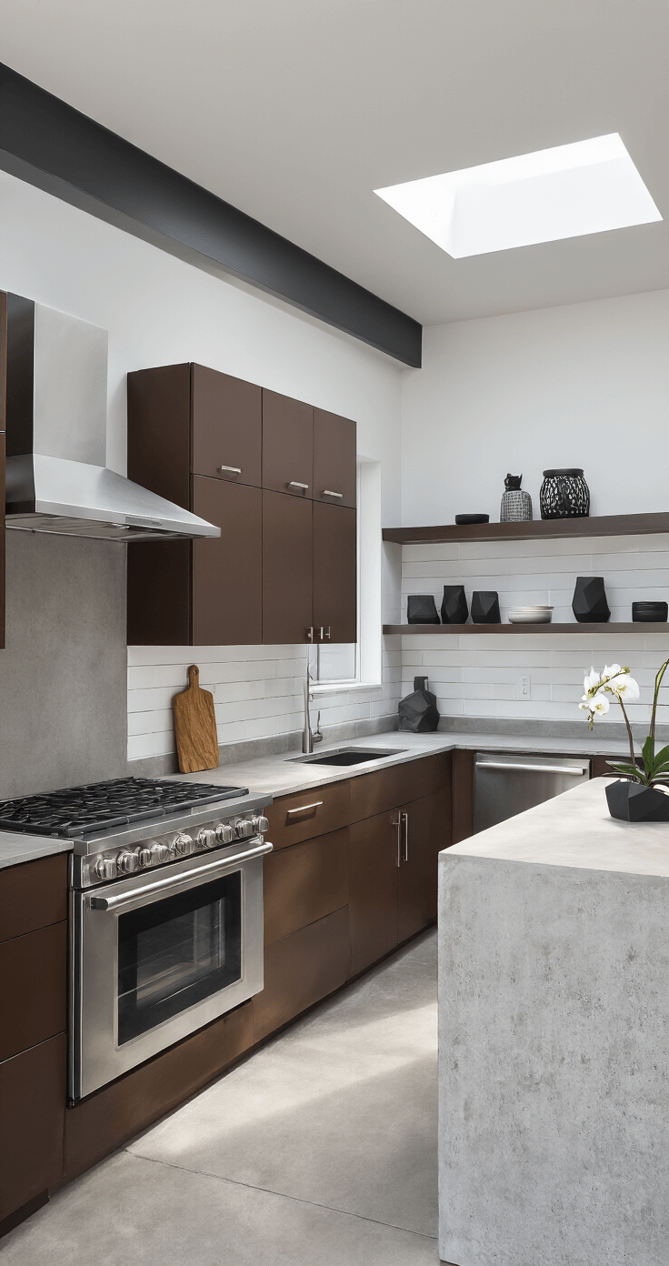 Modern minimalist kitchen featuring handleless espresso cabinets, stainless steel appliances, and a concrete waterfall countertop, styled with black geometric vessels and an orchid, photographed from a low angle.