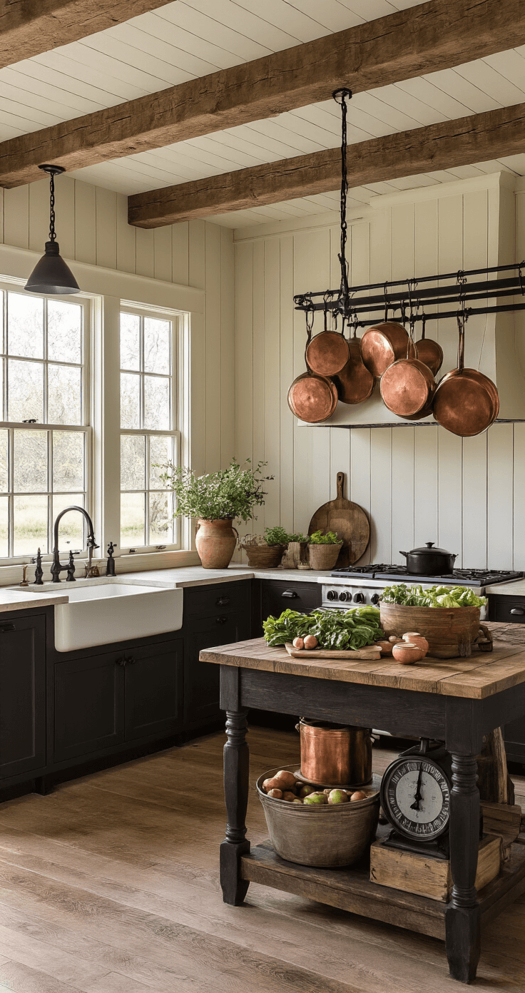 A sunlit farmhouse-inspired kitchen featuring exposed wooden beams, rich espresso cabinets, cream shiplap walls, vintage copper pots, and a weathered wood island with fresh produce, captured from a corner angle.