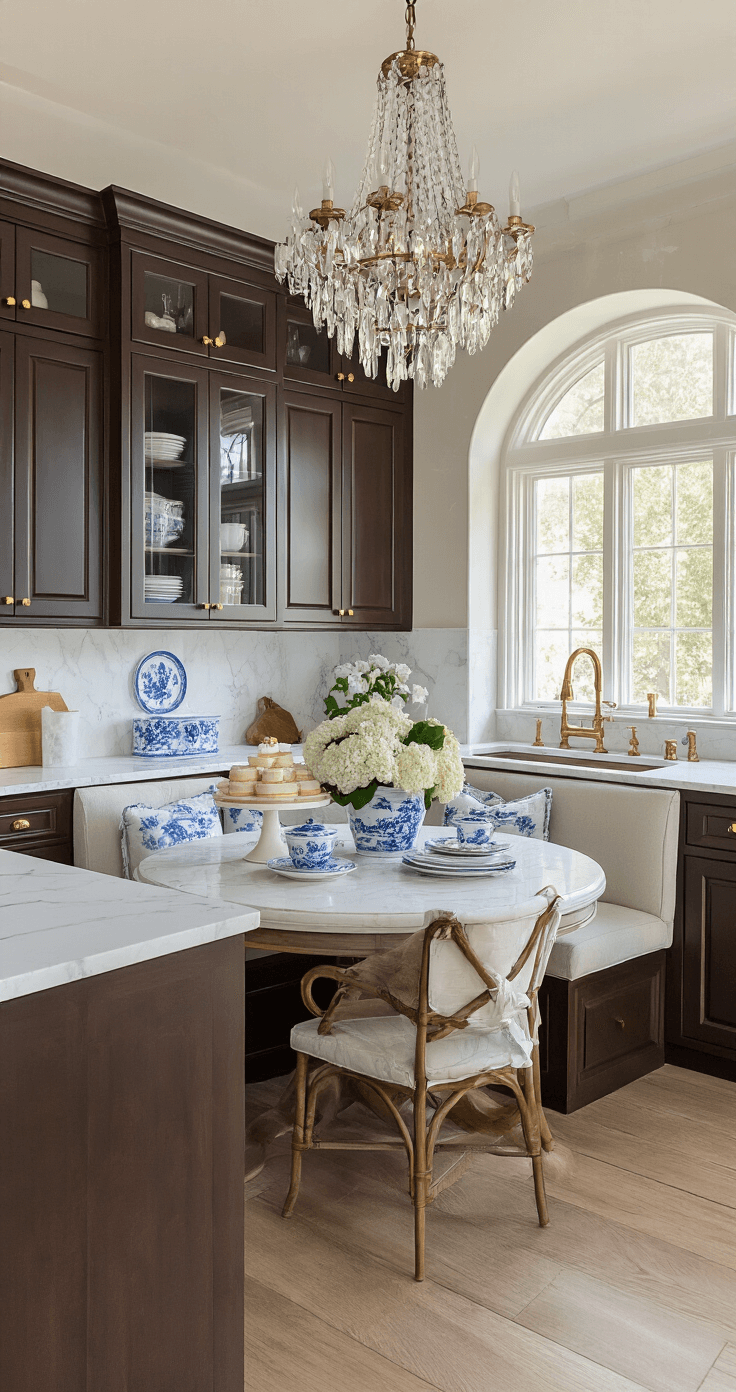 Transitional L-shaped kitchen featuring espresso cabinets with glass upper displays and champagne bronze hardware, white marble backsplash extending to the ceiling, and a crystal chandelier over a circular breakfast nook. The space is styled with blue-and-white chinoiserie, fresh hydrangeas, and a polished cake stand, captured during golden hour with a color palette of dark chocolate, ivory, gold, and powder blue.