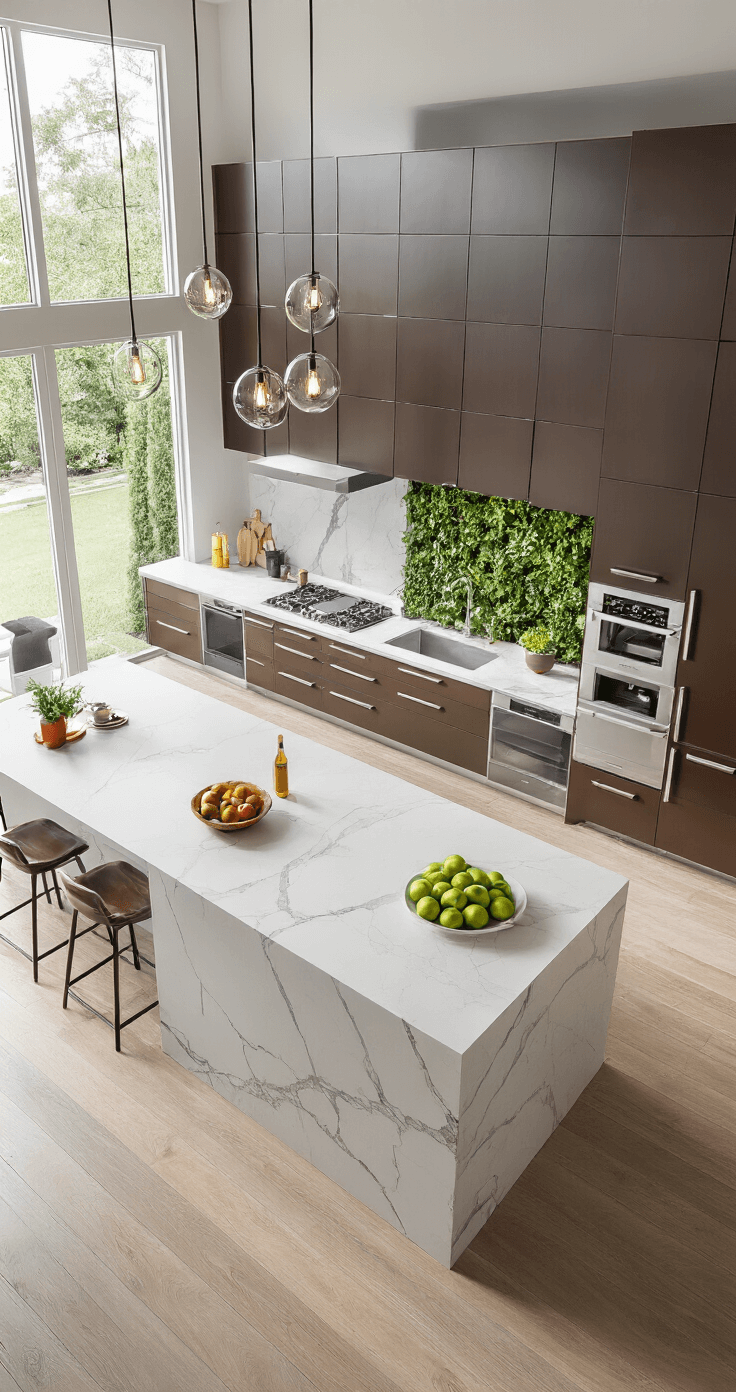 A spacious contemporary open-concept kitchen featuring floor-to-ceiling espresso cabinets, a dramatic white quartzite waterfall island, and modern glass pendant lighting, styled with a sculptural fruit bowl, coffee station, and vertical herb garden, captured from an elevated angle at midday.