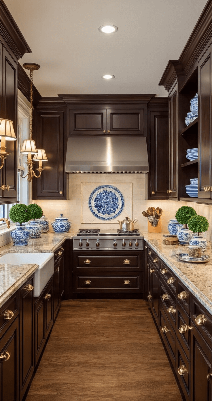 A traditional galley kitchen featuring rich espresso cabinets with carved details and antique brass pulls, cream granite countertops with complex veining, and vintage decor, photographed during blue hour to highlight the warm lighting and elegant color palette.