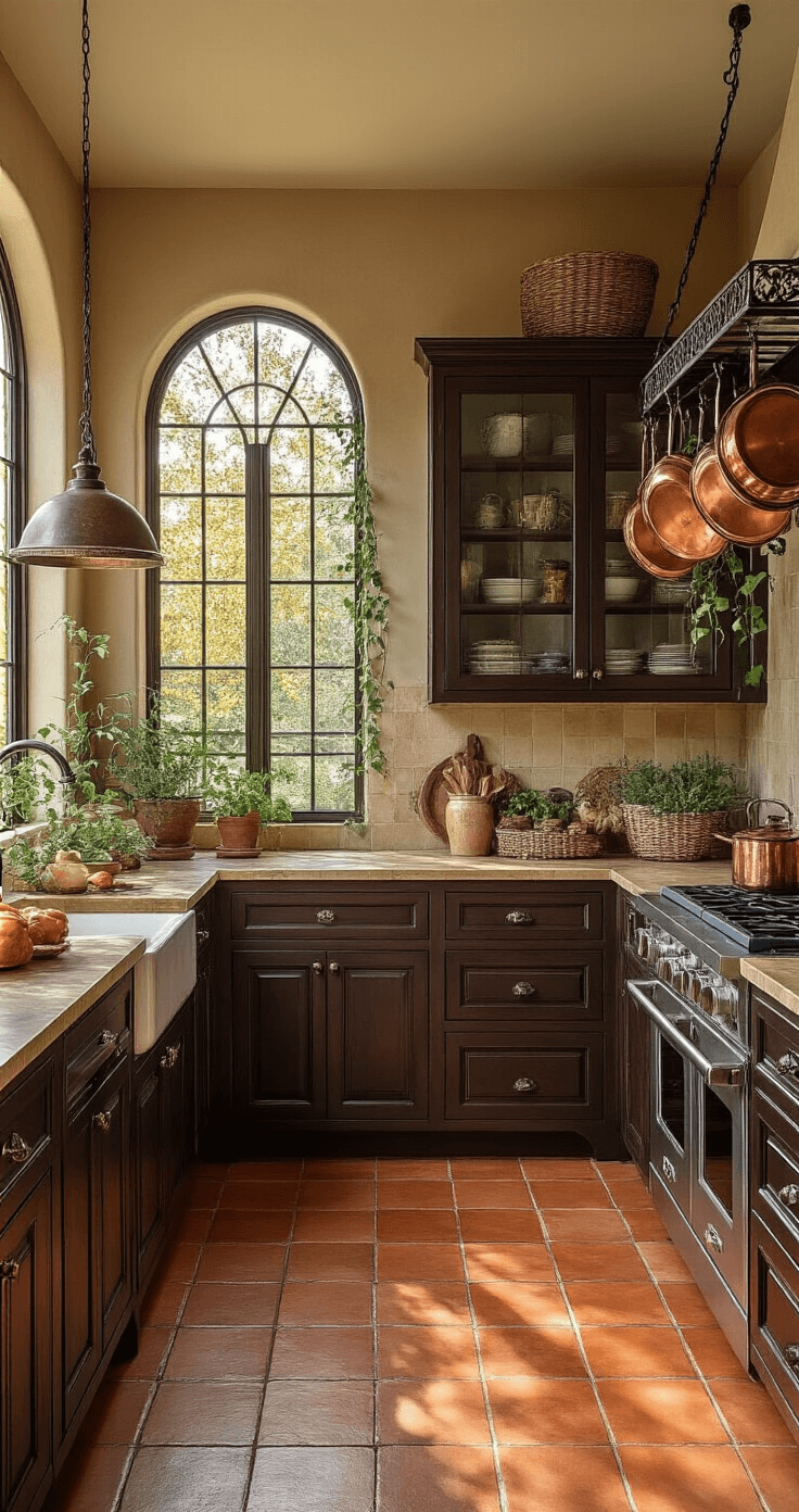 A Mediterranean-inspired kitchen at sunset featuring arched windows, espresso cabinets with ornate bronze hardware, glass-front upper units, and a warm terracotta tile floor. A wrought iron pot rack displays copper cookware, while ceramic olive jars, woven baskets, and trailing vine plants add charm to the space. The image captures architectural details diagonally with a color palette of deep espresso, warm terra cotta, oil-rubbed bronze, and sage green.