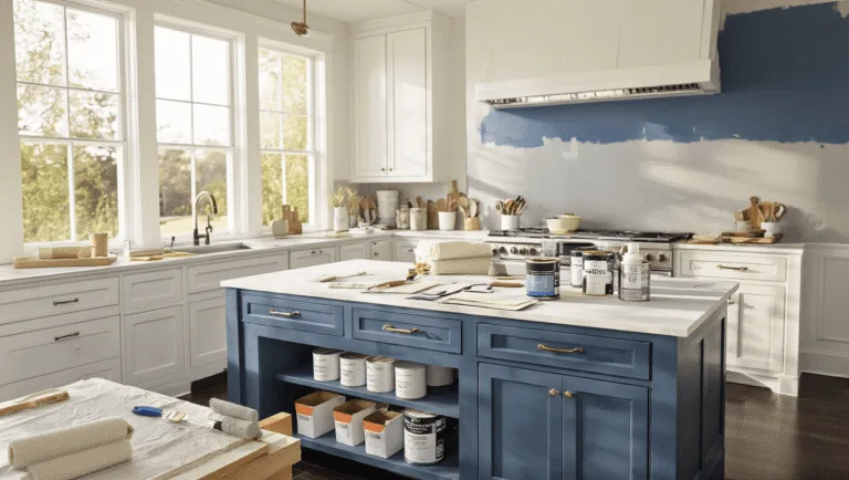 How to Paint Kitchen Cabinets: A Professional DIY Guide A bright and organized professional kitchen cabinet painting workspace featuring a mid-painting white cabinet door in Farrow & Ball Hague Blue, with high-end painting supplies, drop cloths on dark hardwood floors, and soft golden hour lighting enhancing the scene.