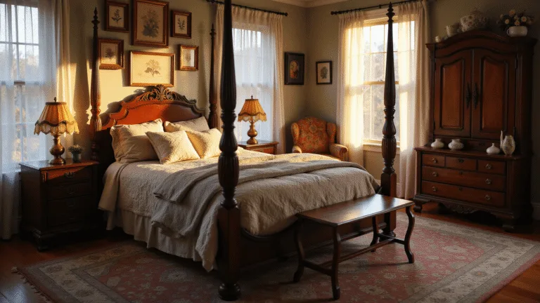 Grandmacore Bedroom: Your Cozy Time Machine of Comfort A cozy Victorian-style bedroom at golden hour, featuring a four-poster mahogany bed with vintage textiles, soft sunlight through lace curtains, weathered nightstands, a gallery wall of family photos, and a Persian rug, all depicted in hyper-detailed photorealism.