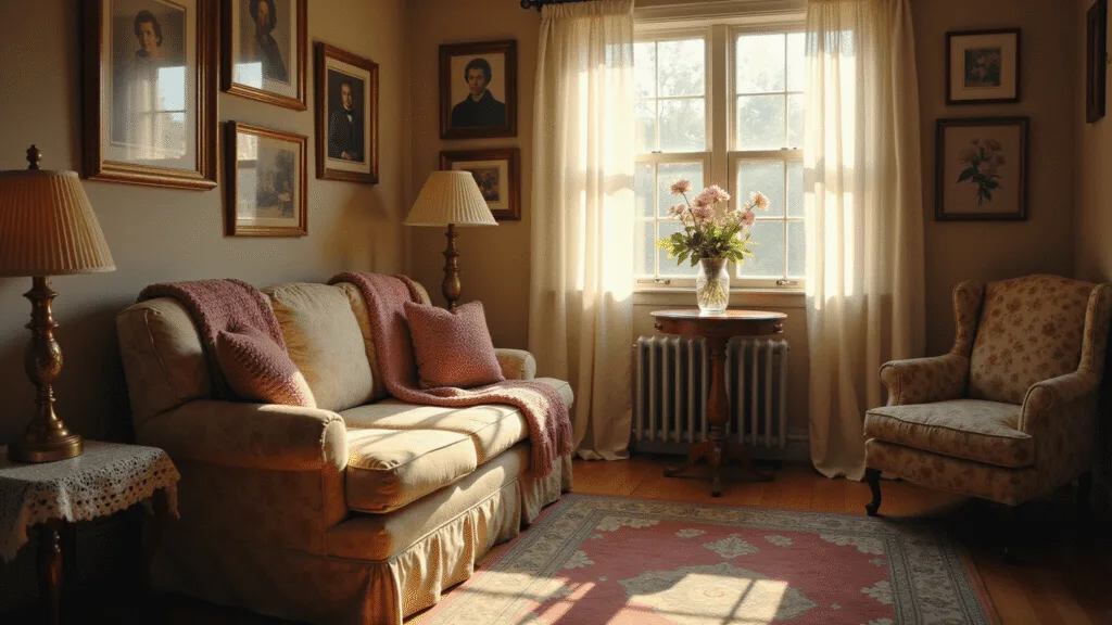 A sunlit living room featuring a floral chintz sofa, vintage Persian rug, and a gallery wall of family photos, all bathed in warm golden hour light with delicate textures and soft focus, evoking a nostalgic atmosphere.