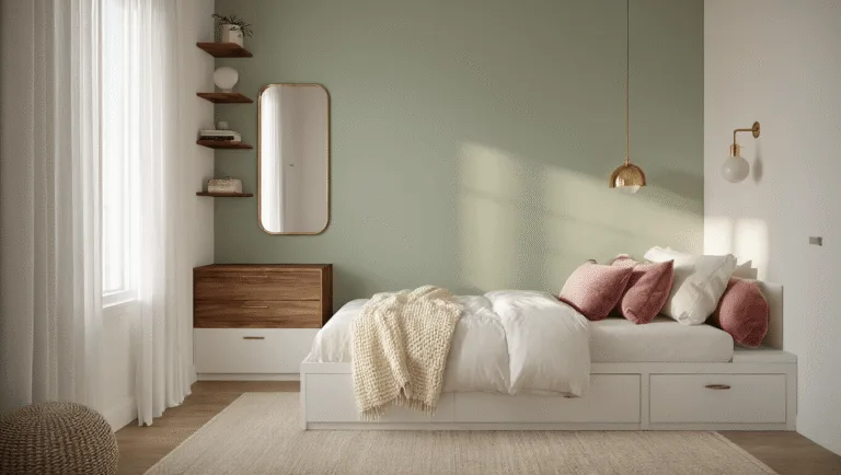 Small Bedroom Ideas: Transforming Tiny Spaces with DIY Magic Photorealistic interior of a cozy small bedroom with soft golden hour lighting, featuring a queen-size platform bed with white linen and velvet pillows, a sage green accent wall, wooden nightstands, geometric shelving, and a gilt-edged mirror, showcasing clever storage solutions and minimalist decor.