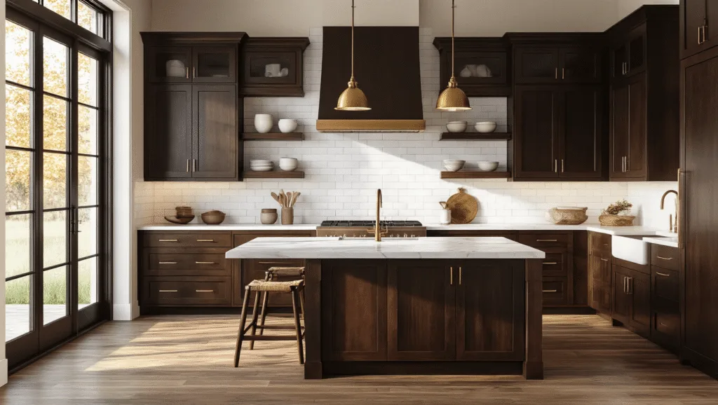 Photorealistic interior of a modern farmhouse kitchen featuring espresso-stained Shaker cabinets, a marble waterfall island, white subway tile backsplash, brass pendant lights, wide-plank oak floors, and vintage ceramic bowls, captured in golden hour light with a cinematic color grading.