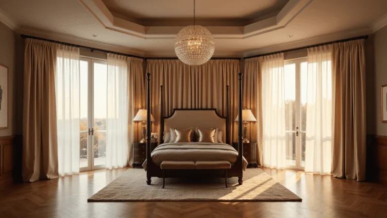 Bedroom Curtain Ideas: Transform Your Space with Modern Design Trends A luxurious master bedroom featuring floor-to-ceiling windows with dual-layer curtains, an elegant four-poster bed, and a crystal chandelier, bathed in warm golden hour light.