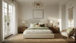 Photorealistic interior of a serene primary bedroom at golden hour, featuring a king-sized bed with ivory linen, textured pillows, walnut nightstands with brass lamps, and a jute rug. Sheer curtains billow softly, and a macramé wall hanging decorates the headboard. The warm light from a modern chandelier enhances the cinematic atmosphere, captured from a doorway perspective.