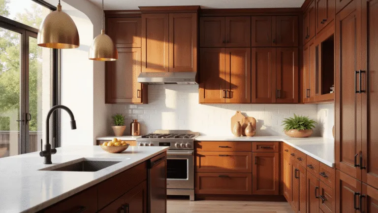 Cherry Wood Kitchen Cabinets: A Timeless Design Guide for Warm, Elegant Spaces Photorealistic interior shot of a luxury kitchen with cherry wood cabinets, white quartz countertops, and stainless steel appliances, illuminated by golden-hour sunlight through large windows.